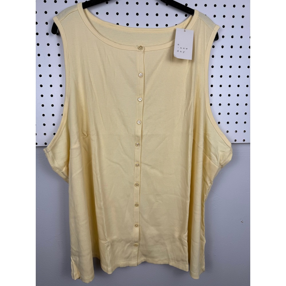 A New Day Womens 3X Yellow Ribbed Button Front Tank Top Sleeveless Scoop Neck